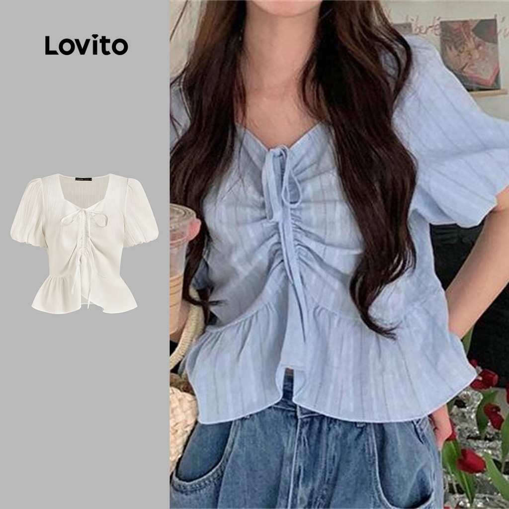 Lovito Blusa Casual Listrada Com Estampa Franzida Para Mulheres LNE71762 em Oferta na Shopee
