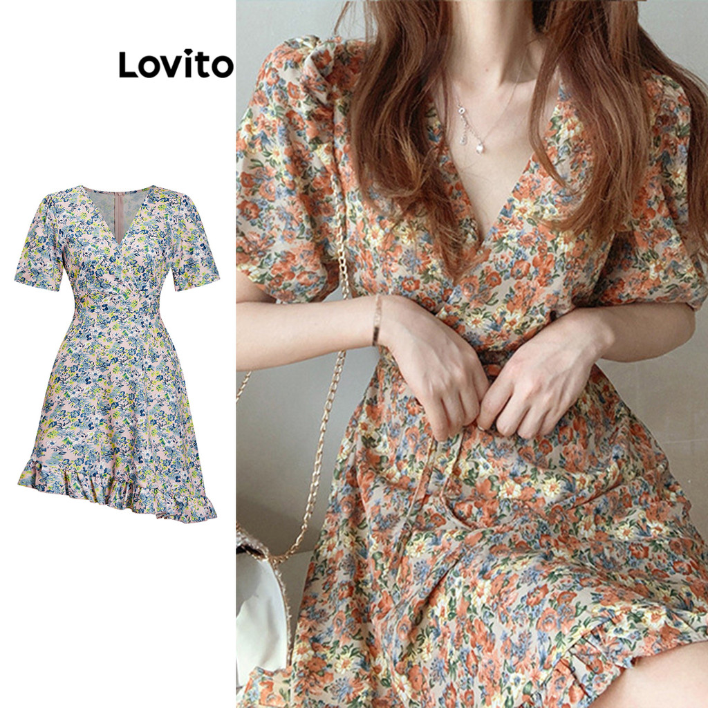 Lovito Vestido Casual Feminino Com Babados Florais E Renda Vestido De Verão/primavera L79AD059 em Oferta na Shopee