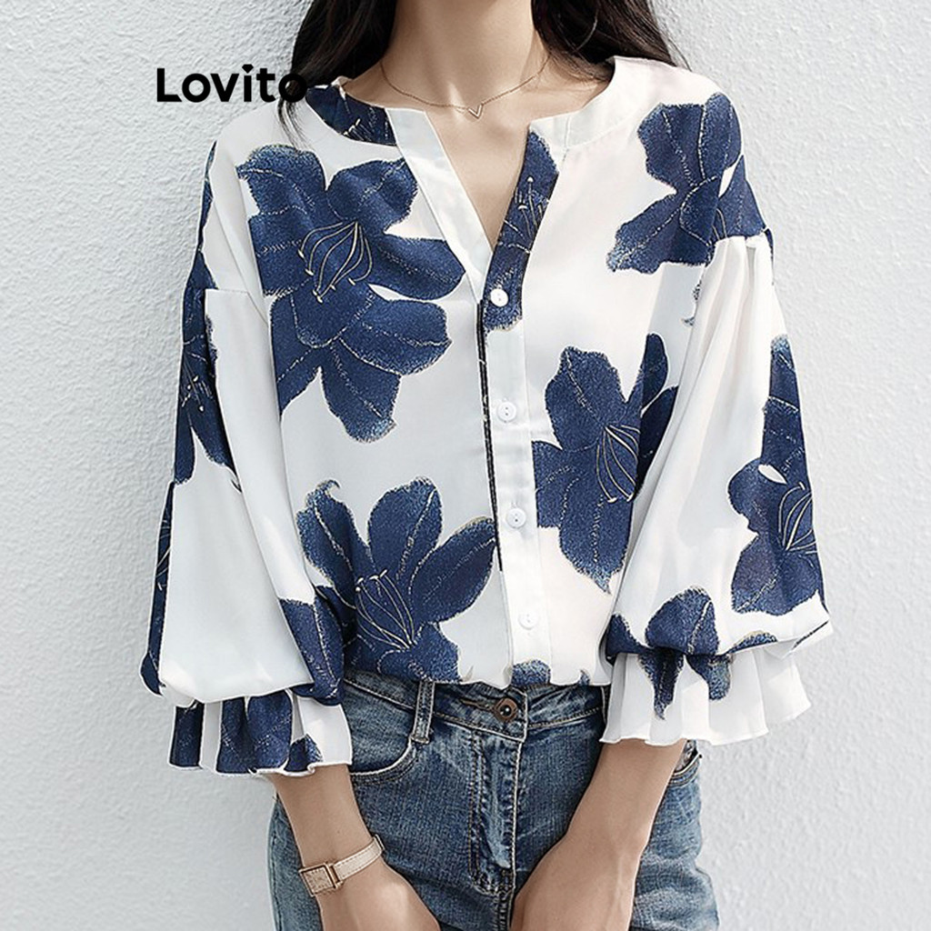 Lovito Blusa Elegante Blusa Floral Com Botões Para Mulheres LNL71238 em Oferta na Shopee