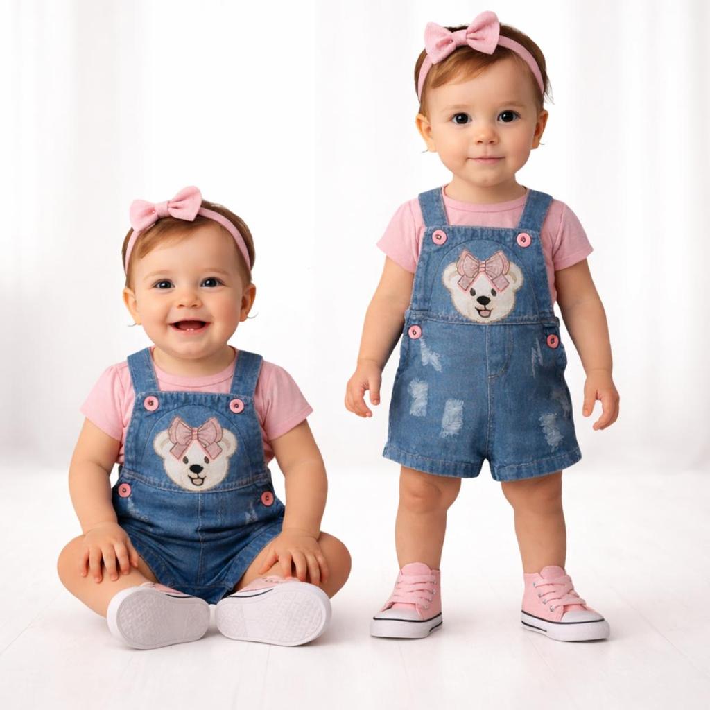 Jardineira Macacão Short Bebê Menina Jeans infantil curta 6 - 24 meses em Oferta na Shopee