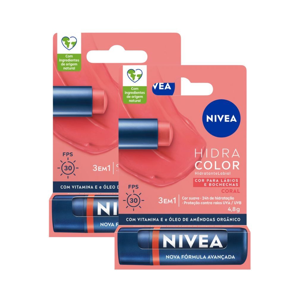Kit 2 Hidratante Labial Nivea Hidra Color FPS 30 Coral 4,8g