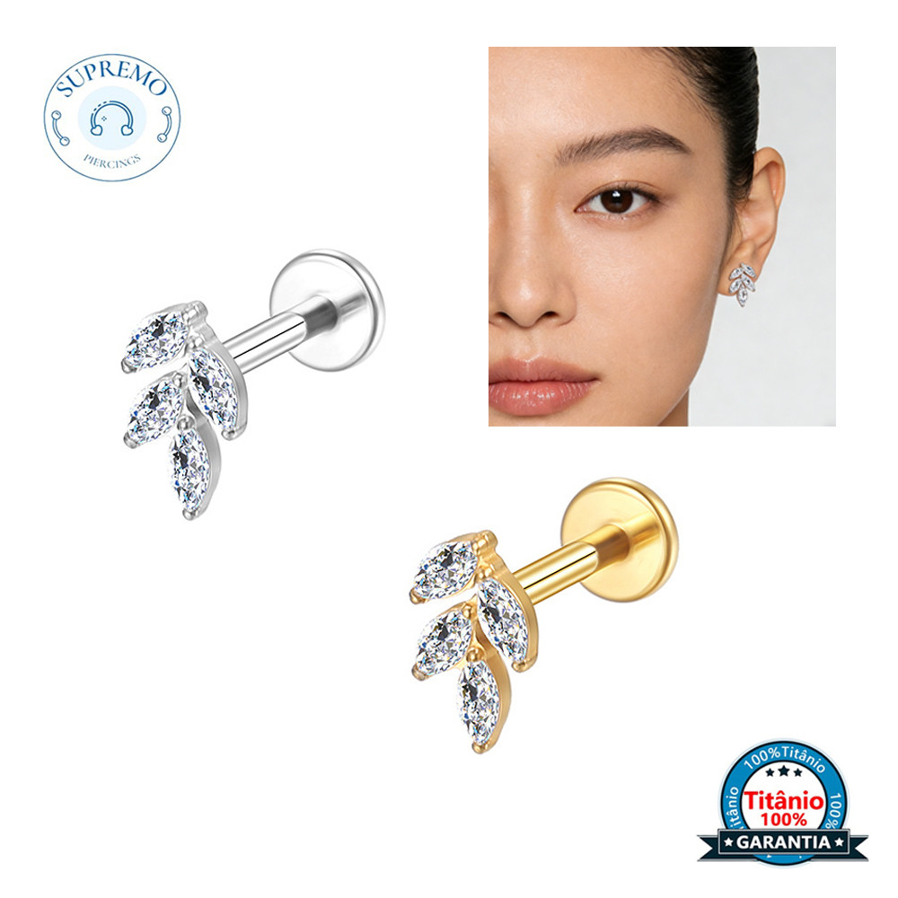 Y2K Piercing Folhas Labret Brincos Titânio PVD 4 Zircônias Cravejadas Helix Conch Tragus Ect