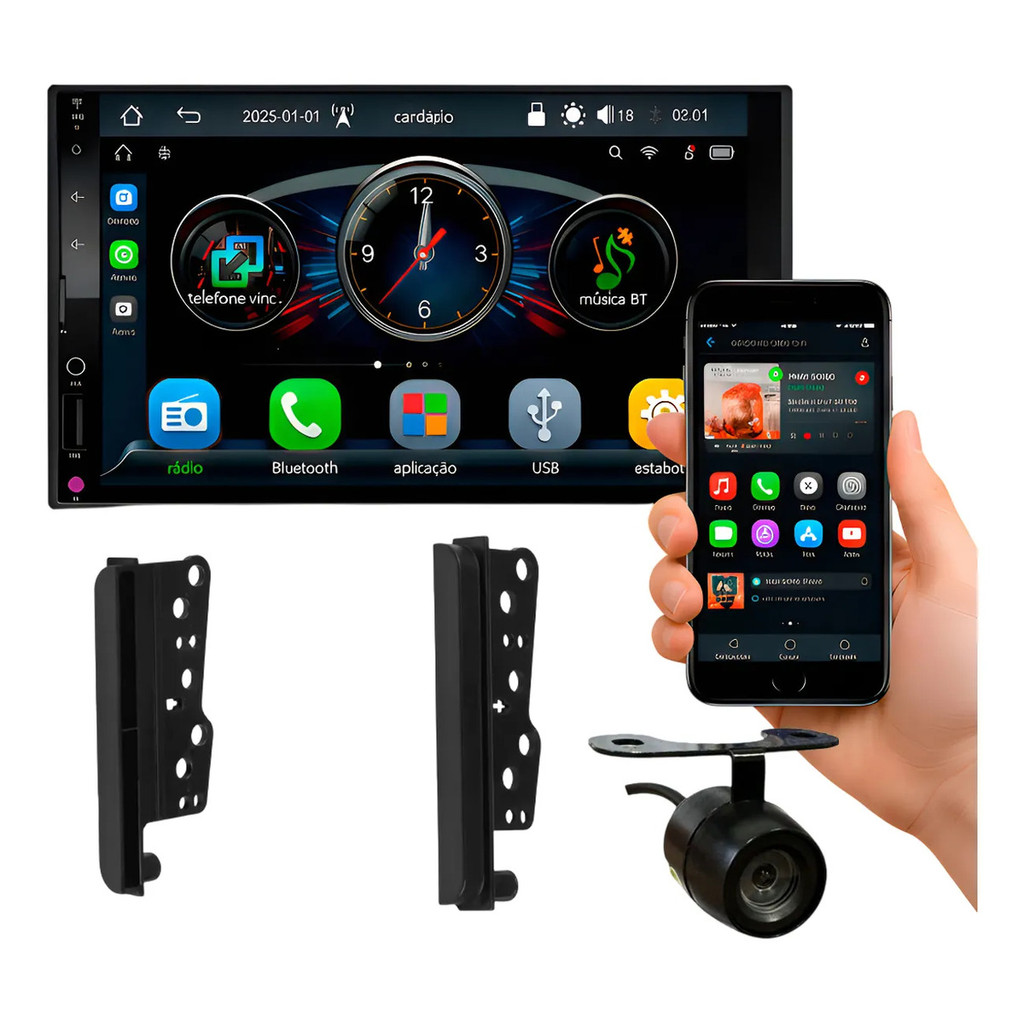 KIT CENTRAL MULTIMIDIA ROADSTAR 7 POL RS7007BR PLUS CARPLAY ANDROID AUTO HILUX SW4 ETIOS 2005 A 2015
