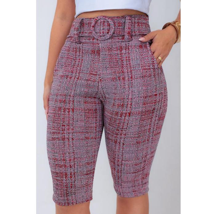 BERMUDA CINTO FEMININA JACQUARD MESCLA SOCIAL CINTURA ALTA COM BOLSOS