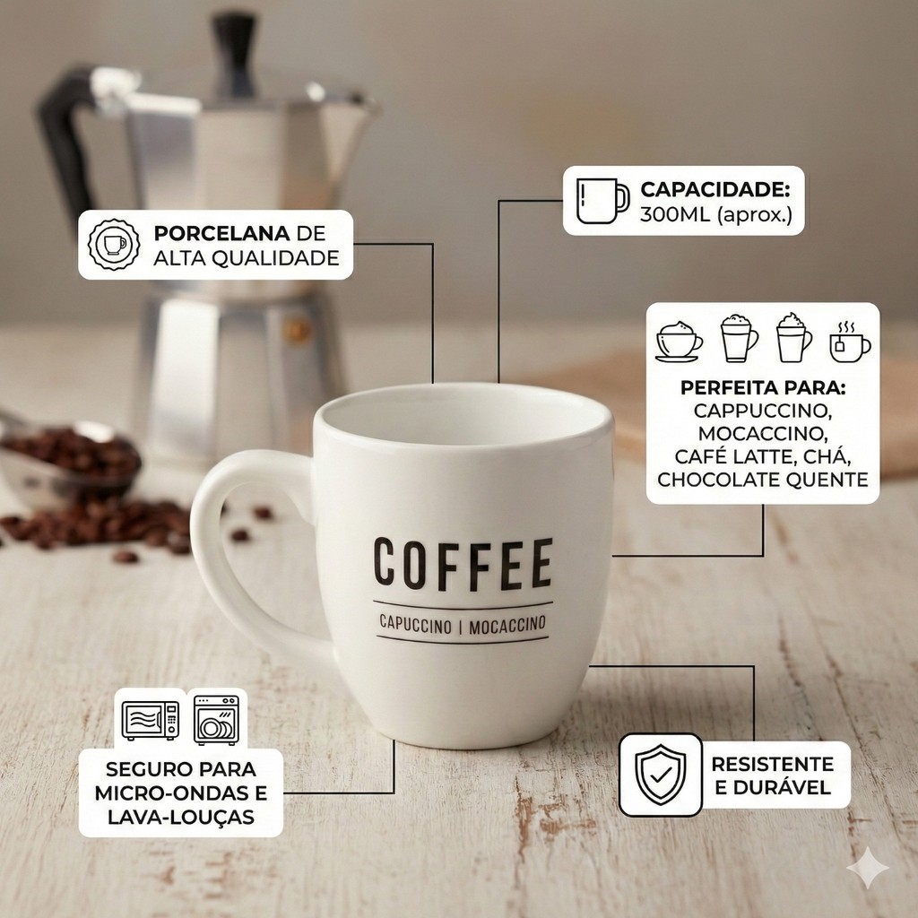 Canecas De Porcelana Copo 300ml Branca e Preta Servir Café Chá Resistente Uso Diário 6 Unidades