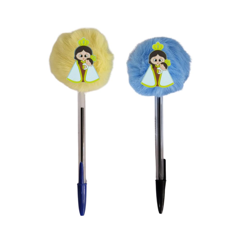 02 Canetas pompom Nossa Senhora de Fátima ou 02 lápis de escrever com pompom escolar com aplique papelaria esferográfica