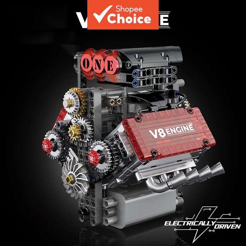  Motor de Simulação Motorizado do Motor V8 de Tijolos, Blocos de Montar com Acionamento Elétrico, Peças Técnicas,