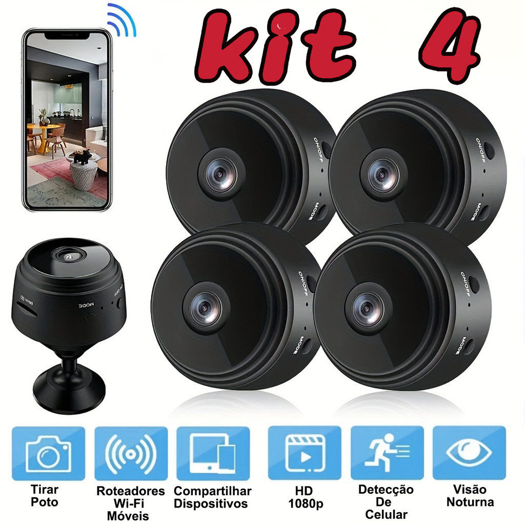 Kit 1/2/3/4 Câmeras Mini A9 HD 1080P WiF–Visão Noturna/ Sensor de Movimento/ Monitoramento Remoto via App em Oferta na Shopee