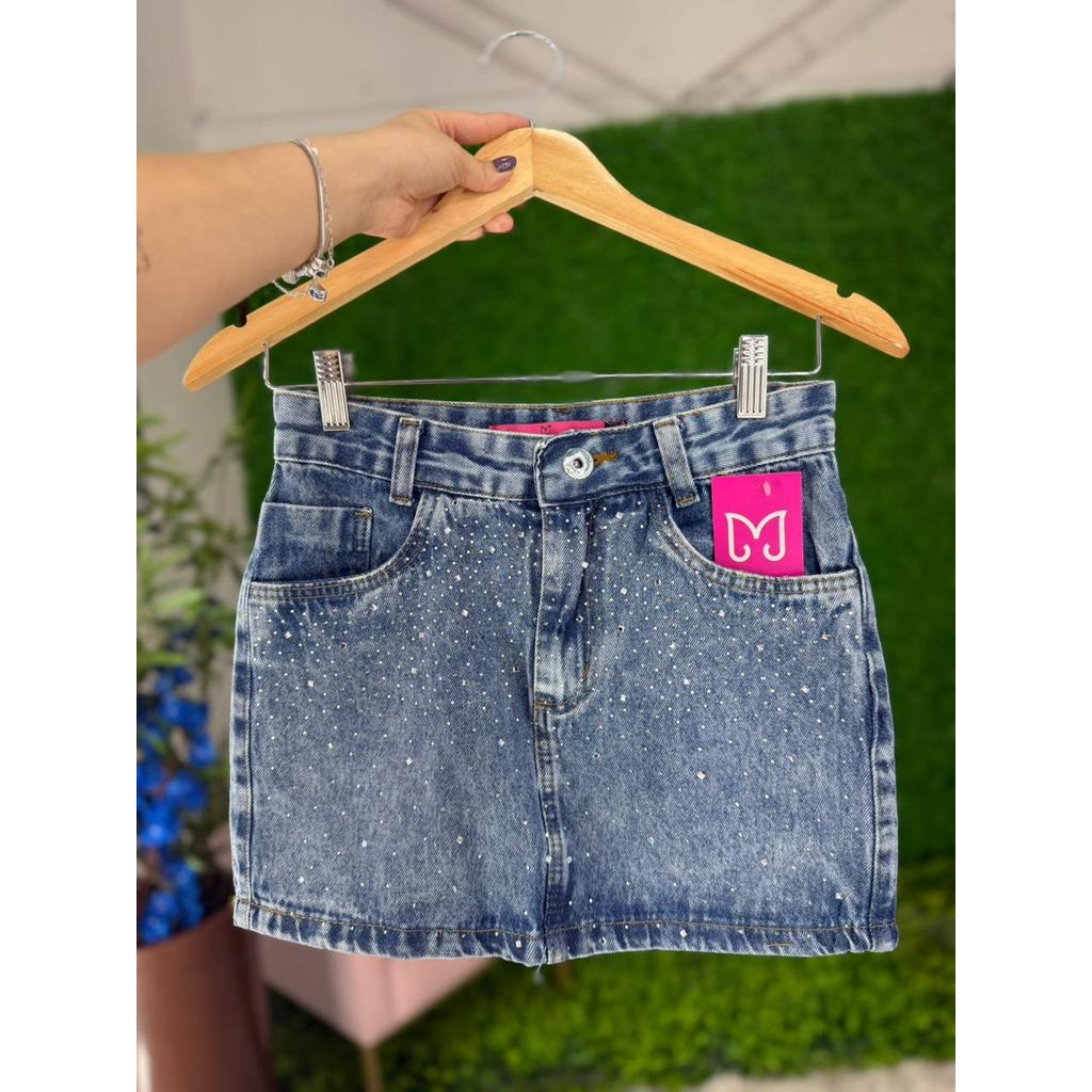 Saia Jeans Feminina Cintura Alta Lavagem Marmorizada Com Barra e Aplicações de Brilho- Sem Elastano em Oferta na Shopee