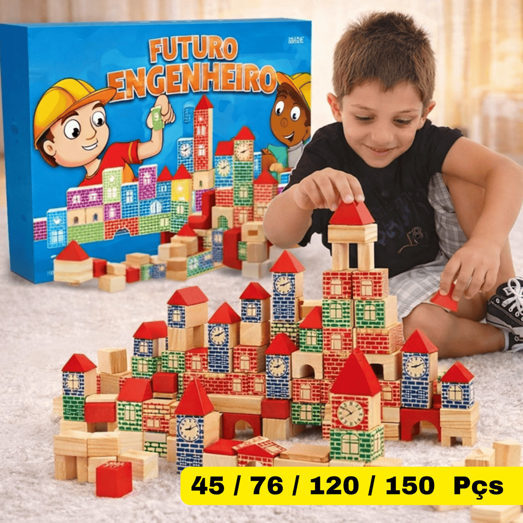 Brinquedo Educativo Blocos de Montar Madeira Brincando de Engenheiro Pedagógico Construção Castelo Pequeno Arquiteto em Oferta na Shopee