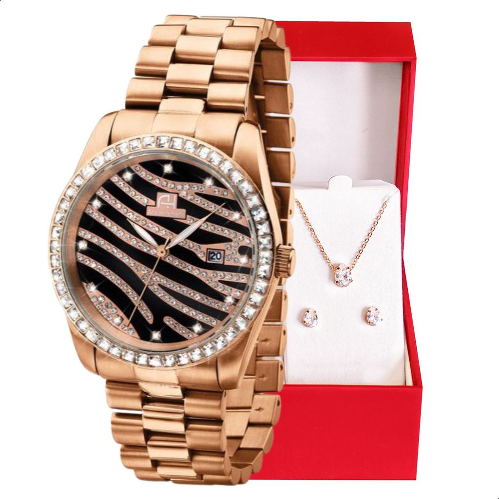 Relógio Feminino Ana Hickmann Rosé Social Cristais AH28204U Colar e Brincos