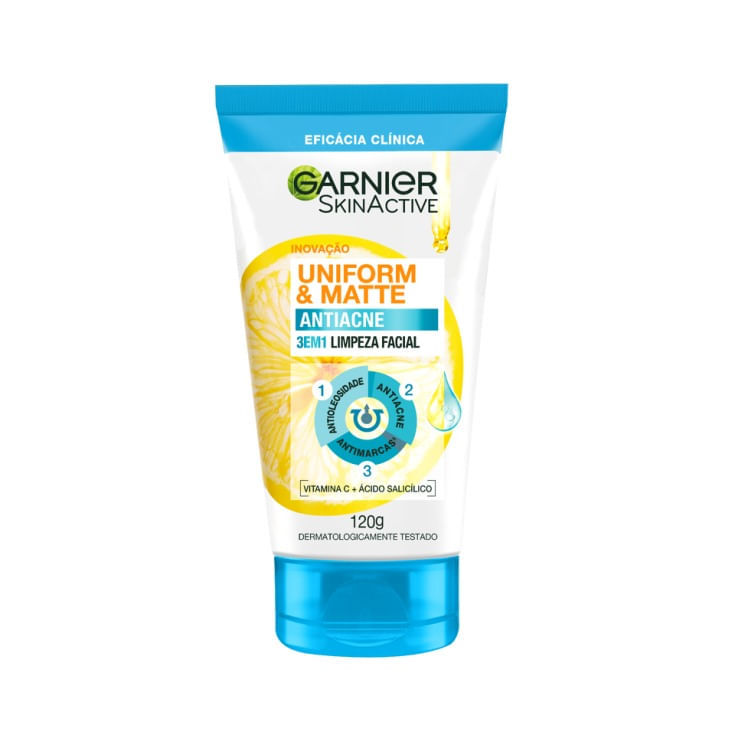 Gel De Limpeza Facial 3 em 1 Garnier Uniform & Matte Antiacne 120g