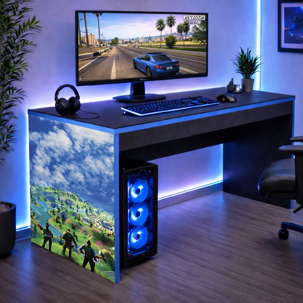 Mesa Ecrivaninha Gamer Meninos Quarto com Bordas Azul Mundo Fortnite 90 CM Achadinho Oferta
