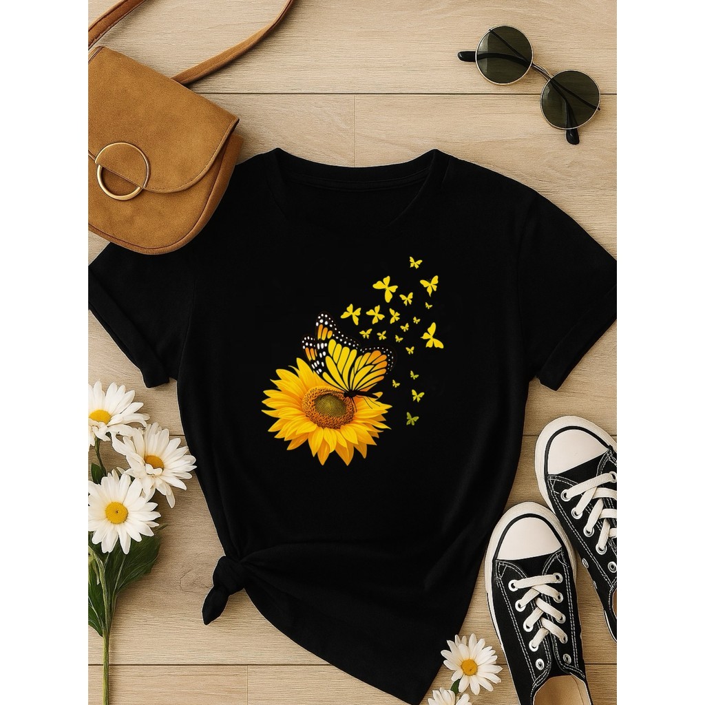 Camiseta  Love Coração Tendencia 100% Algodão Borboleta Girassol Confortavel Estilosa Envio Rápido