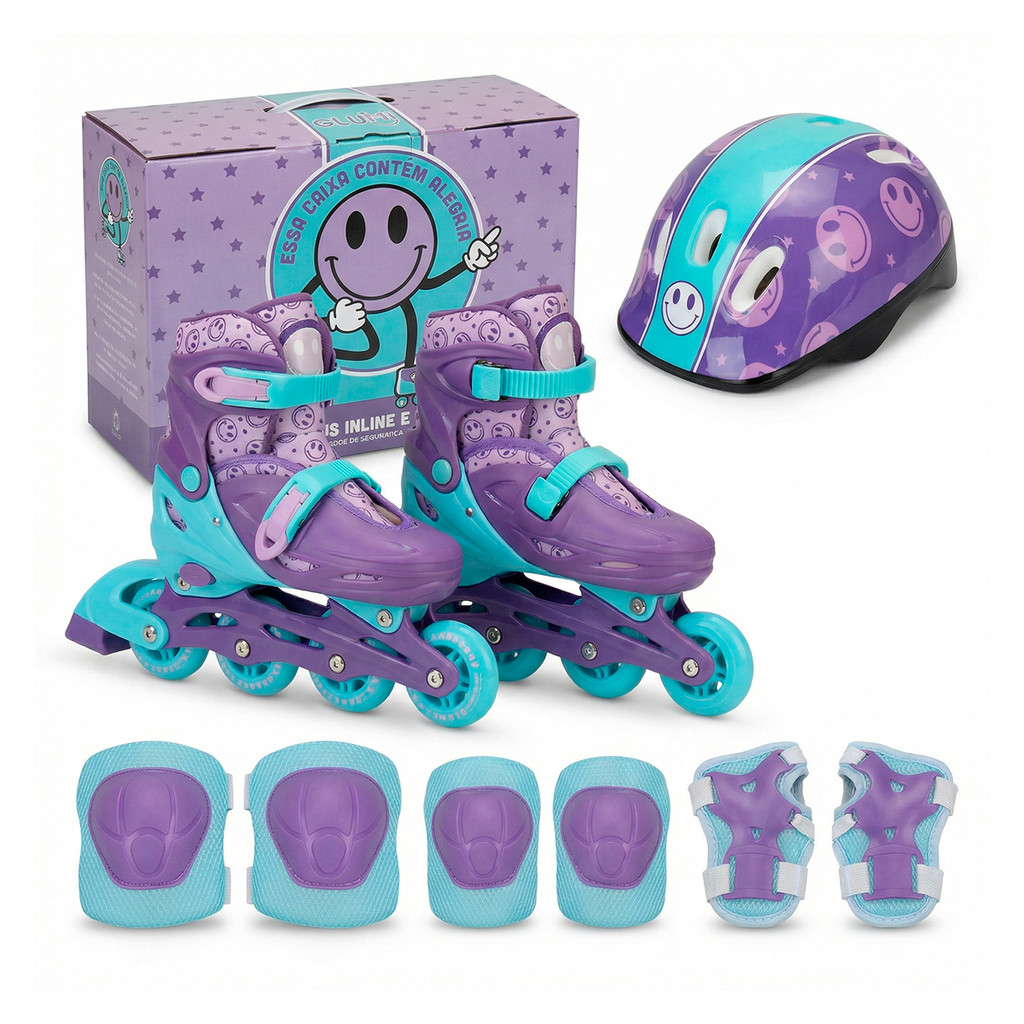 Patins Infantil 2 Em 1 Ajustável Inline Trilne Kit Proteção 32 A 35 Smile