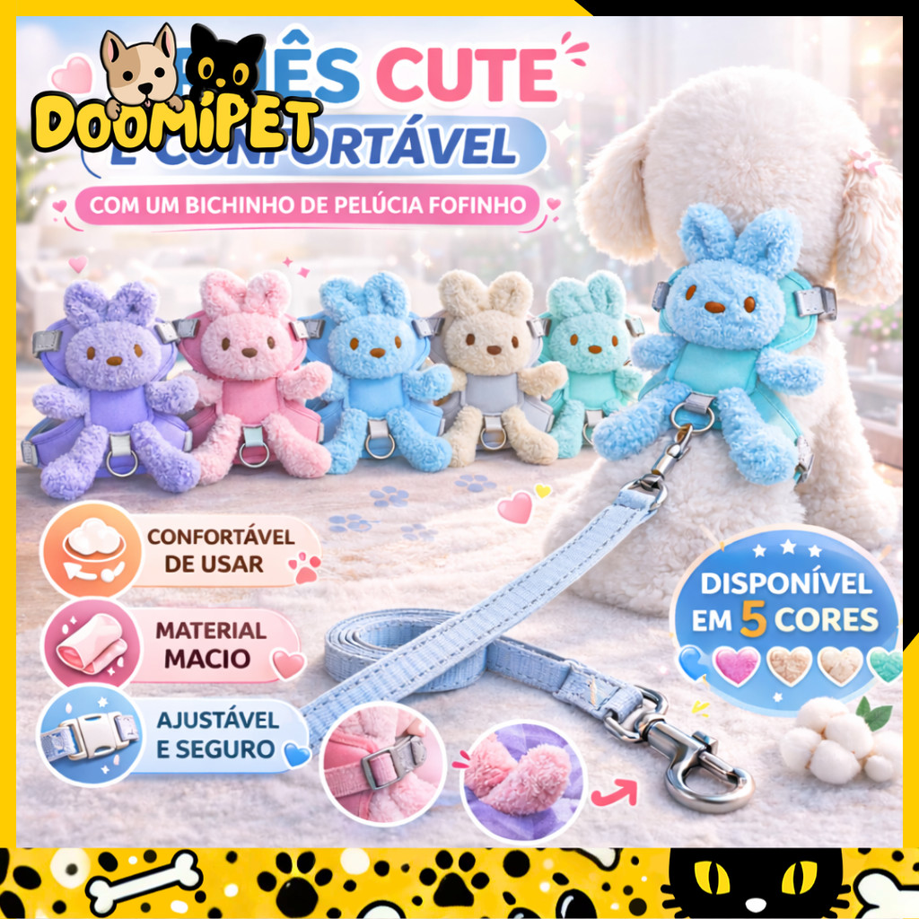 Peitoral para Cachorro com Brinquedo de Urso de Pelúcia, Ajustável e Confortável, Ideal para Passeios