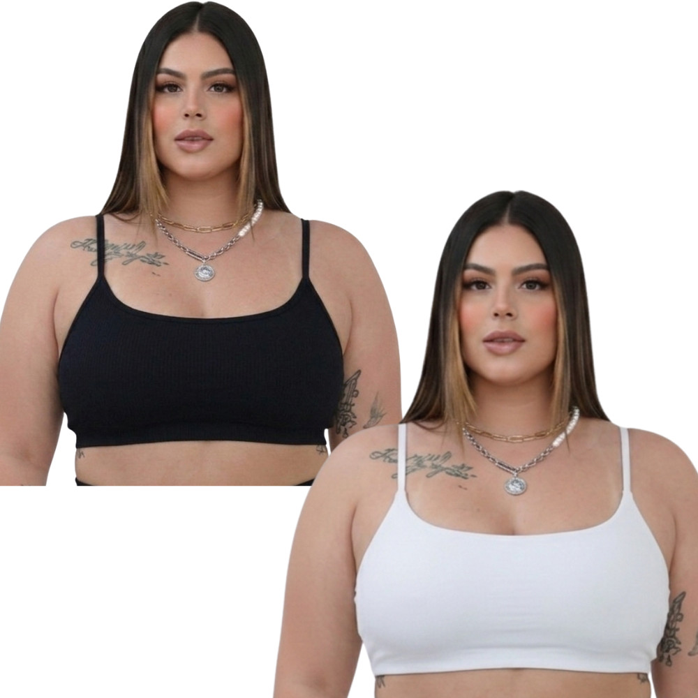 KIT 2 Top PLUS SIZE Academia Forro Duplo Alça Fina Suplex Premium Com Elástico Feminino Fitness