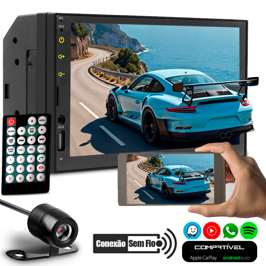 Multimídia 7 Polegadas Com Carplay e Android Auto Sem Fio Aplicativos Espelhamento de Celular + Câmera de Ré - H-tech