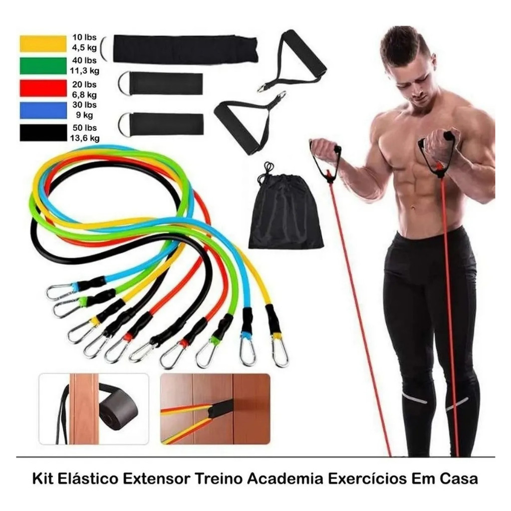 Kit 11 itens Extensor Elástico Treino Em Casa  Exercícios Multifuncional Yoga Fisioterapia e Treino