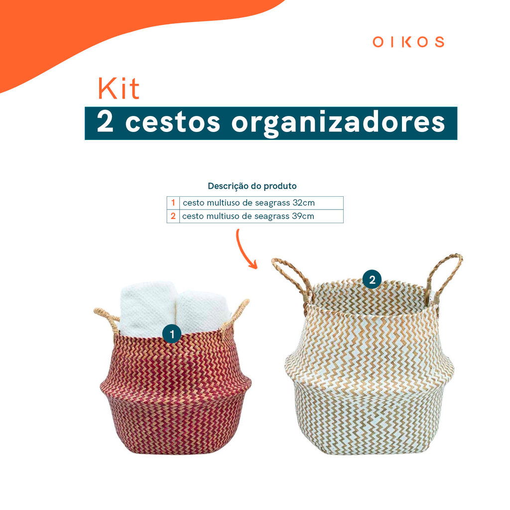 Kit 2 cestos organizadores multiuso decorativo branco e vermelho seagrass - Oikos — imagem 2 de 2