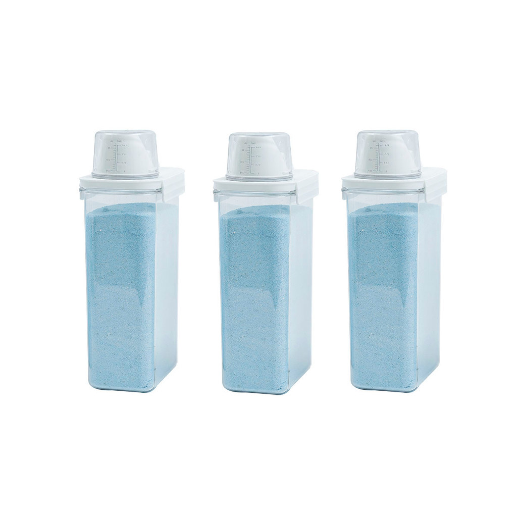 Kit de 3 porta sabão em pó 2,3L com copo dosador e travas de lavanderia - Oikos