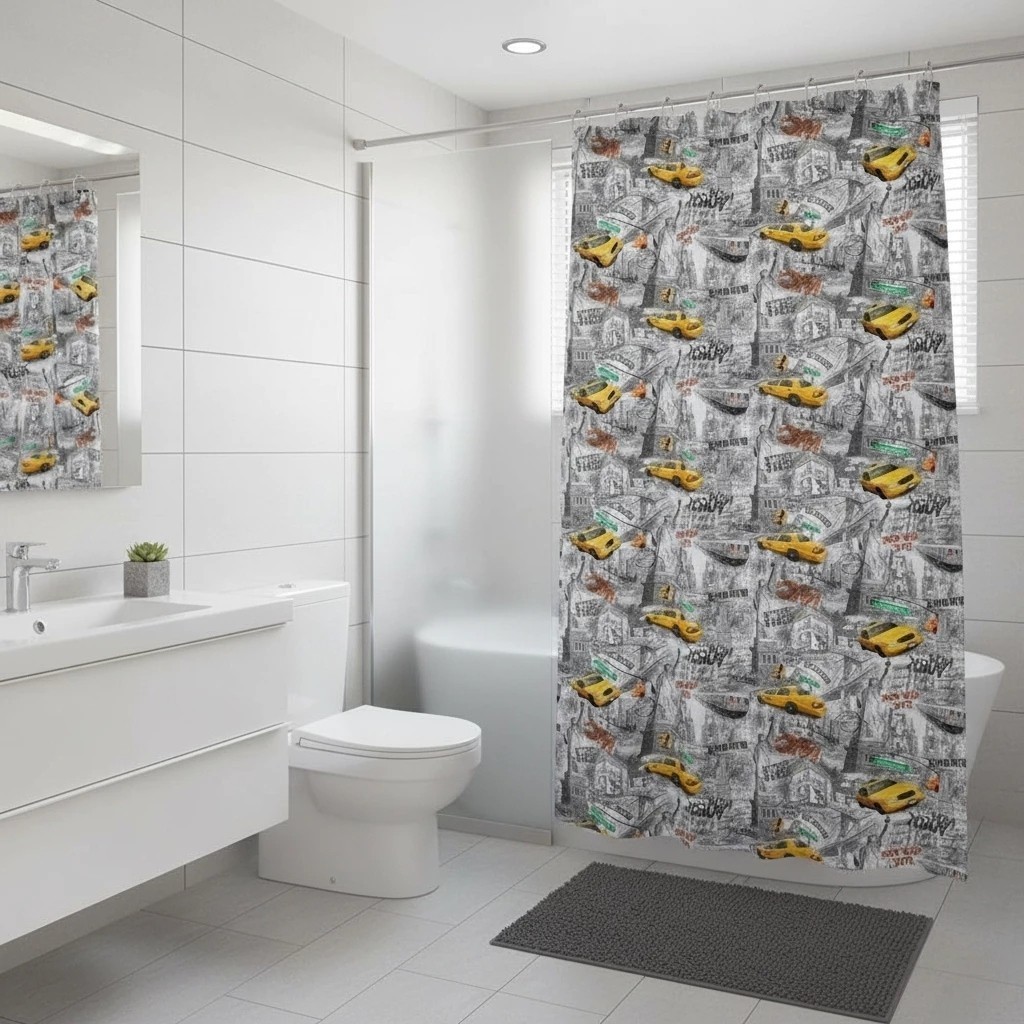 Cortina Box Banheiro PVC Antifungo Estampada NY Ganchos Divisória Chuveiro Impermeável Resistente