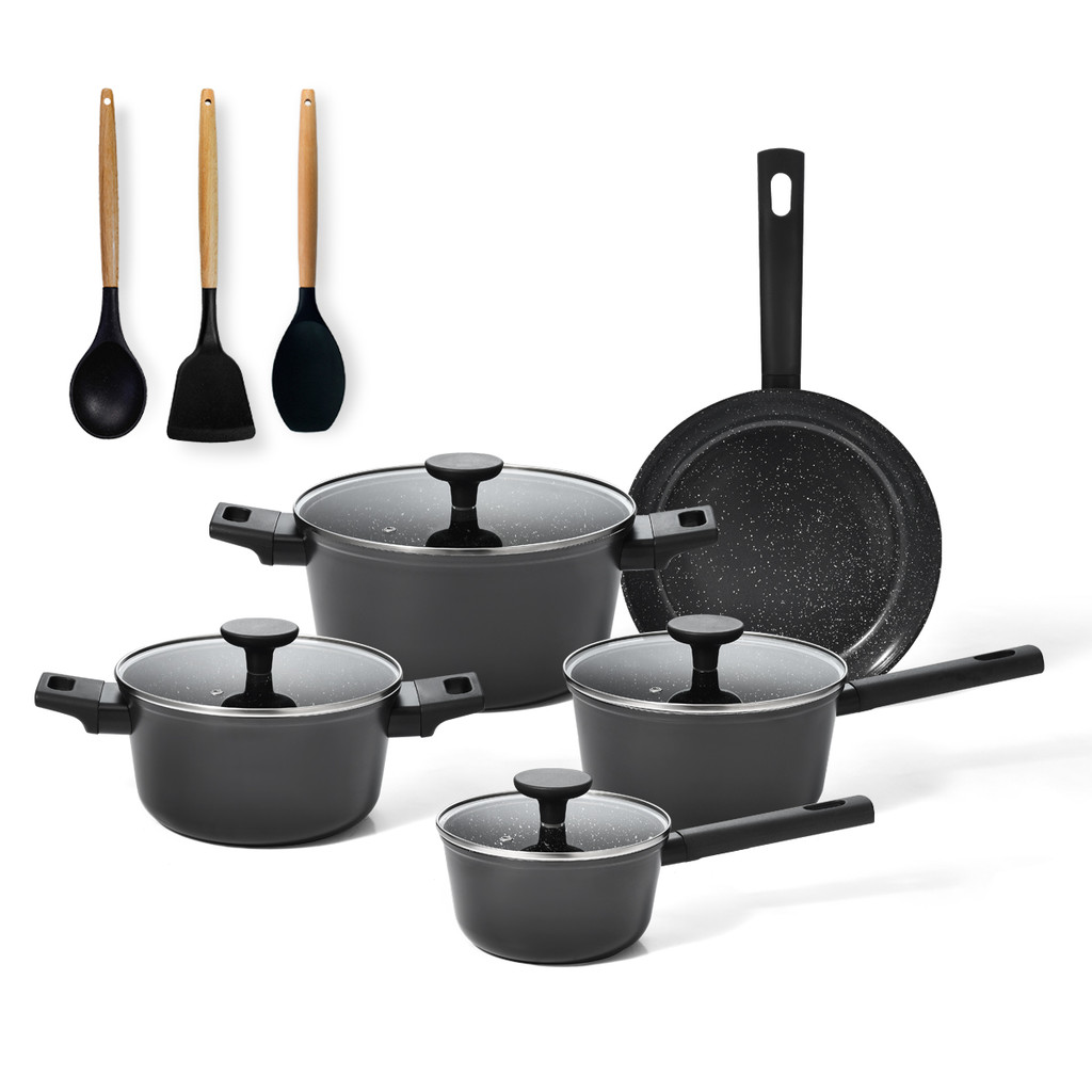 jogo com 5 panelas antiaderentes de ceramica indução preta mou chia e 3 utensílios de silicone - oik em Oferta na Shopee