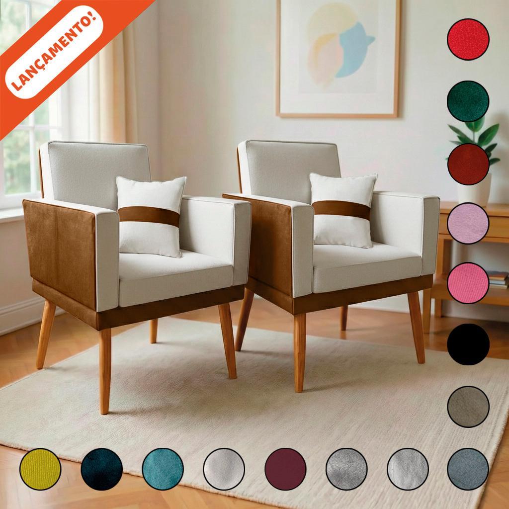 Kit 2 Poltronas para Sala Lis Almofada Corino Peroba e Suede Aninha Decor