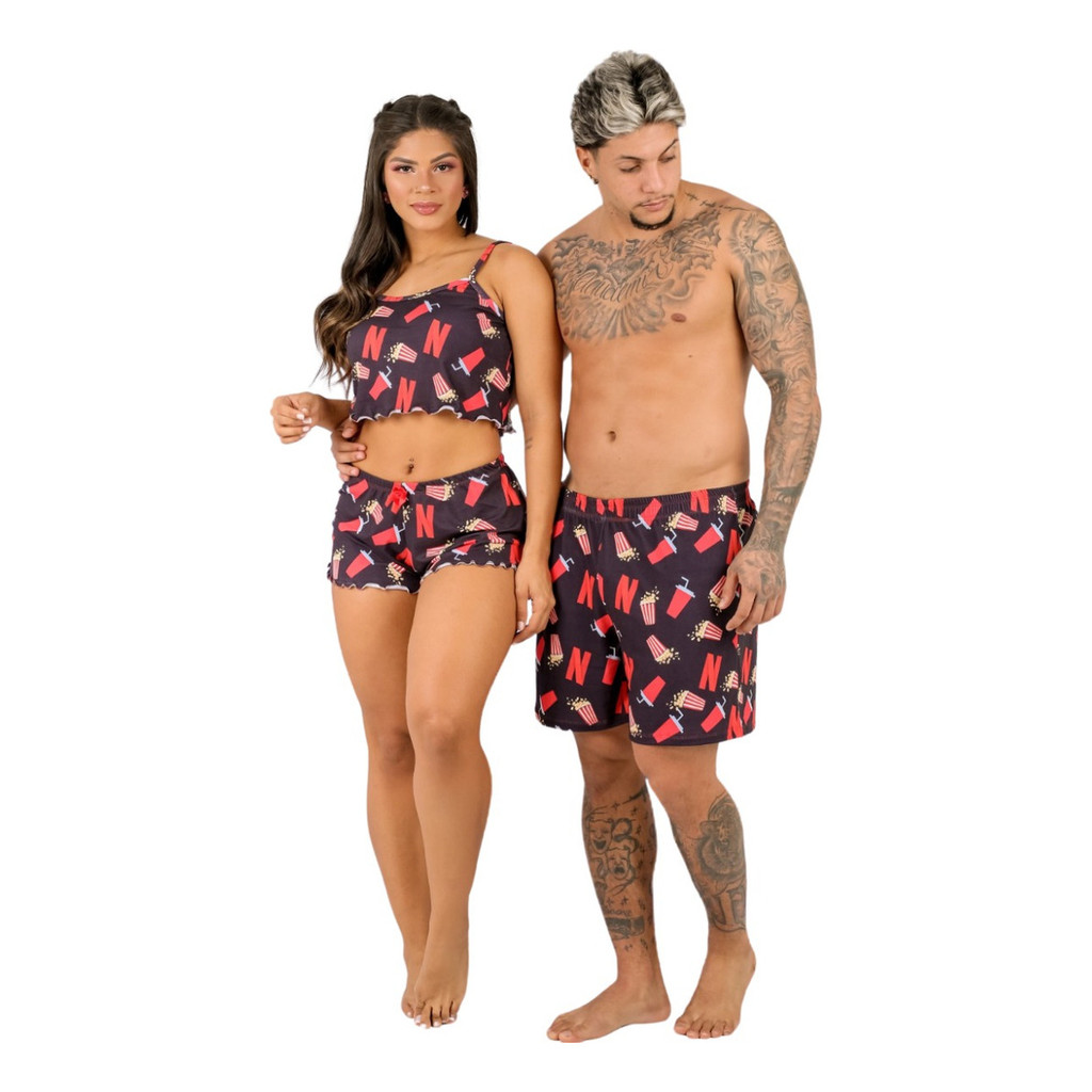 Kit casal Mozão temático Netflix ou Lilo Stich baby doll e samba canção