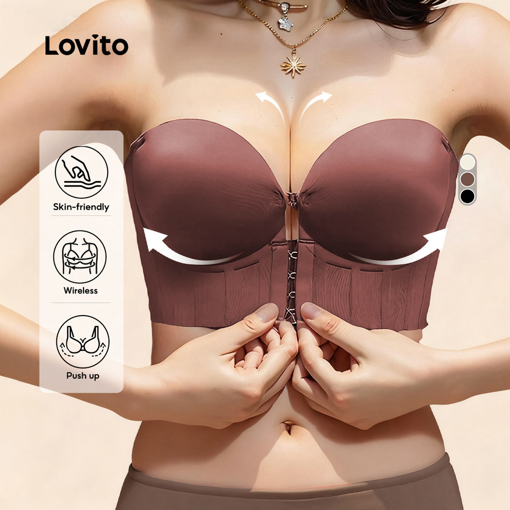 Lovito Sutiã Sexy de Malha Macia Sem Fio com Bojo Push-up Botão Frontal Sutiã Marrom para mulheres LNE117124