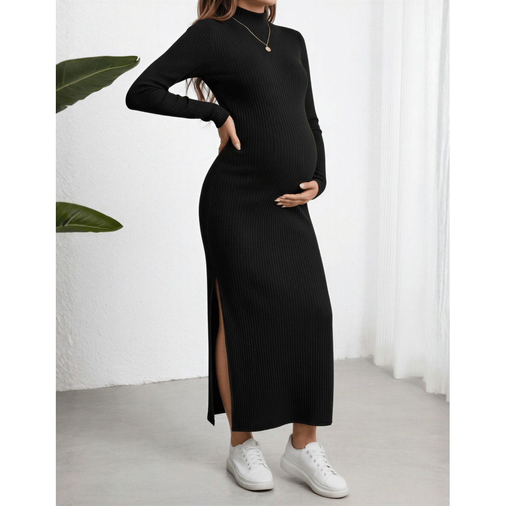 Vestido Longo Gestante Social Maternidade Canelado Gestação Gola Alta Gravidez Mel