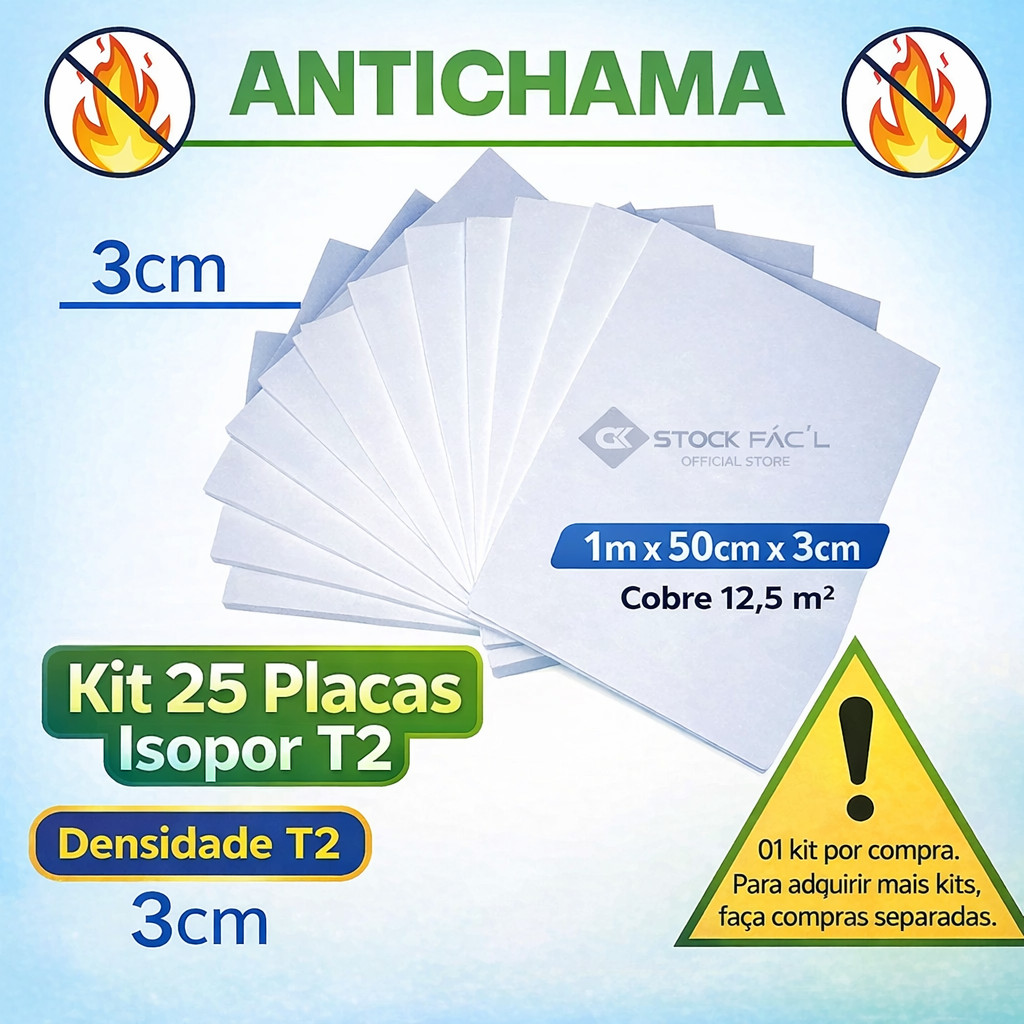 Kit 25 Placas Isopor T2 Isolamento Calor e Som Anti Chamas Eps