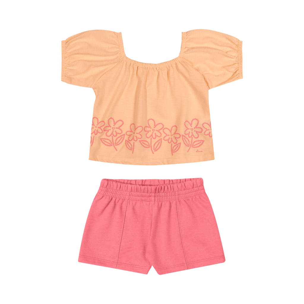 Conjunto Infantil Menina Flor em Puff Elian Laranja em Oferta na Shopee