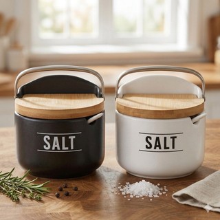 Saleiro Manhattan de Porcelana com Tampa Bambu e Colher 270ml Hauskraft | Porta Sal Temperos Preto/Branco
