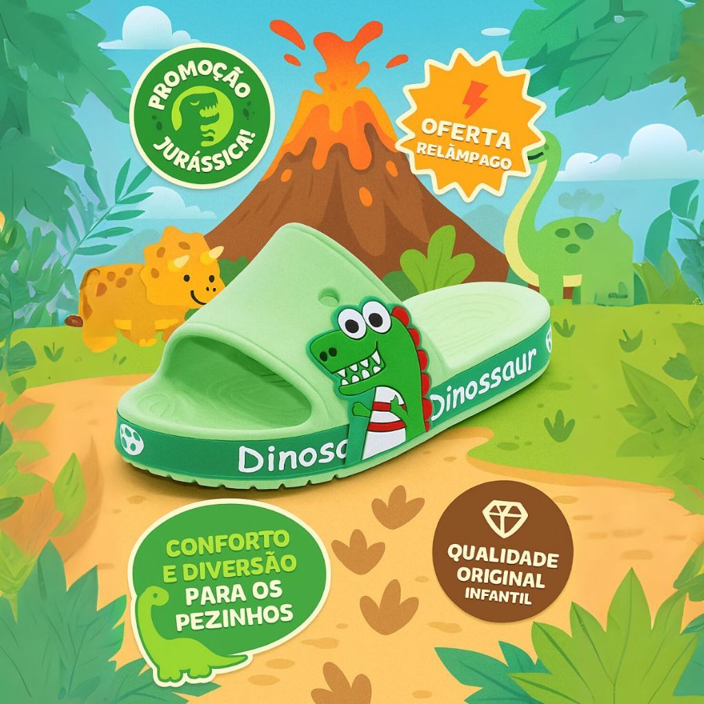 Chinelo Infantil Dinossauro Antiderrapante – Slide Confortável, Leve e Divertido para Crianças (Várias Cores)
