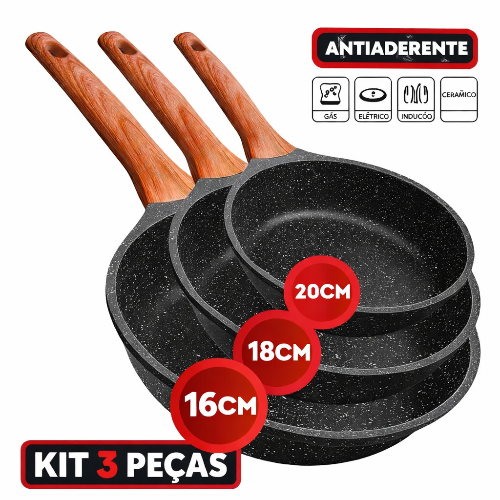 Frigideira de Indução Granito Antiaderente Alumínio Revestimento Cerâmico Cabo de Madeira