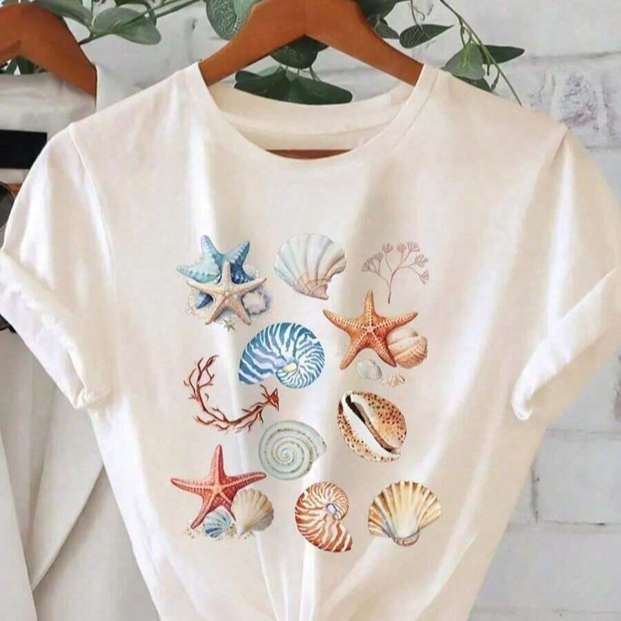 Camiseta Feminina Casual Street Wear Algodão Premium Moda Fundo Do Mar Conchas Estrela Do Mar Areia Alga Corais