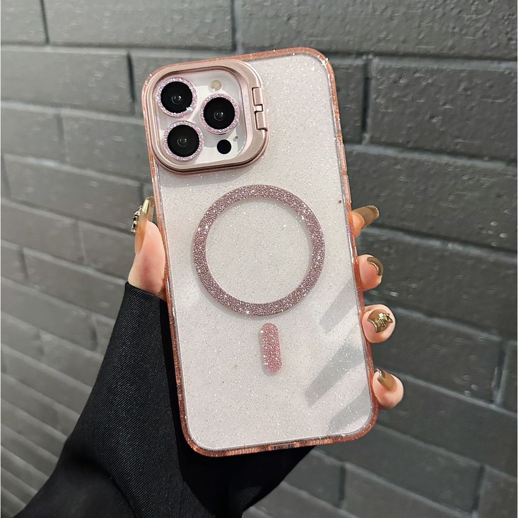 Capa Acrílico Transparente Glitter MagSafe Com Suporte + Película de Lente Anti Choque p iPhone 11 12 13 14 15 16 Promax em Oferta na Shopee