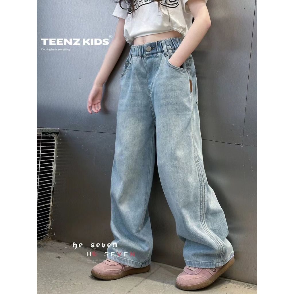 Meninas na moda estilo ocidental em linha reta primavera outono 2025 solto moda Jeans crianças estilo bacalhau Casual pe
