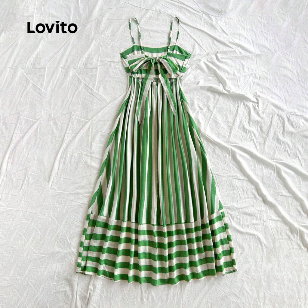 Lovito Vestido Casual Ombro Frio com Zíper em Tecido Costurado Primavera/verão Verde para Mulheres LBL32184