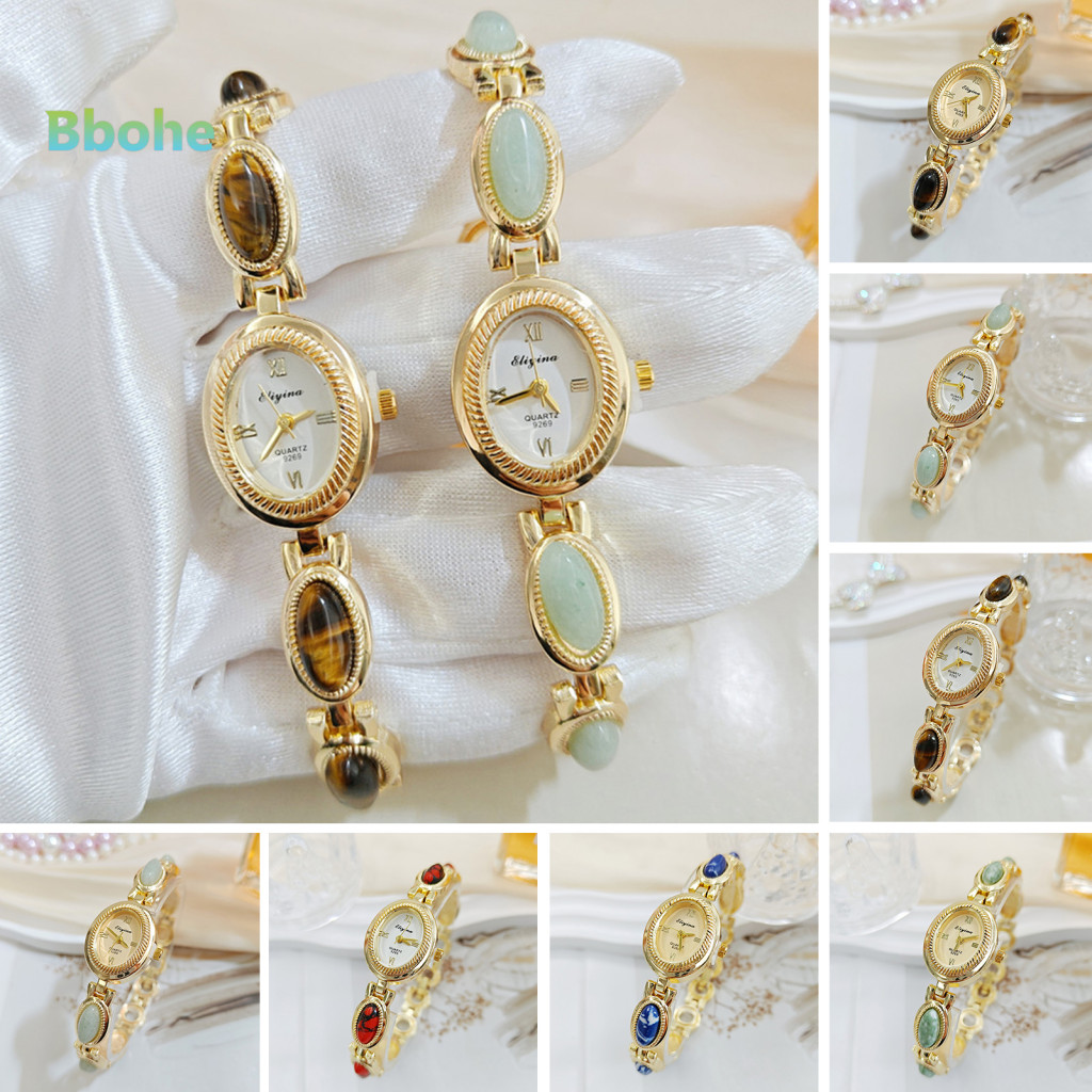 Vintage Style Ladies Watch Quartz Bracelet Elegant Oval Dial Faux Gemstone Dress Wristwatch for Office Date Party – Re