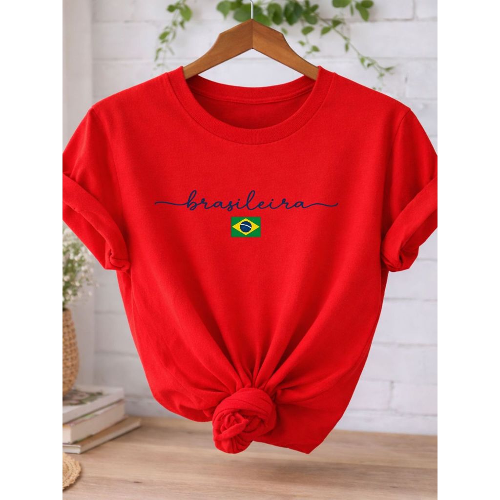 Camiseta Feminina “Brasileira” Estampa Brasil – 100% Algodão | Confortável e Estilosa