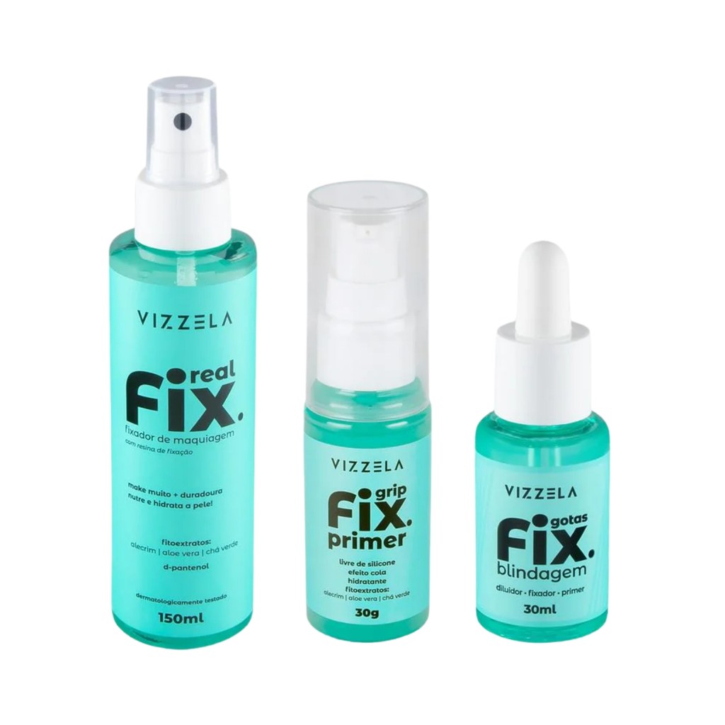 Kit Spray Real Fix 150ml + Gotas Fix + Primer Grip Fix Vegano Original Vizzela
