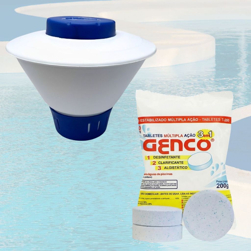 Kit Limpeza Piscina Clorador Flutuante e Tabletes Cloro Genco 200g Clarificante Estabilizado Liberacao Sem Residuos