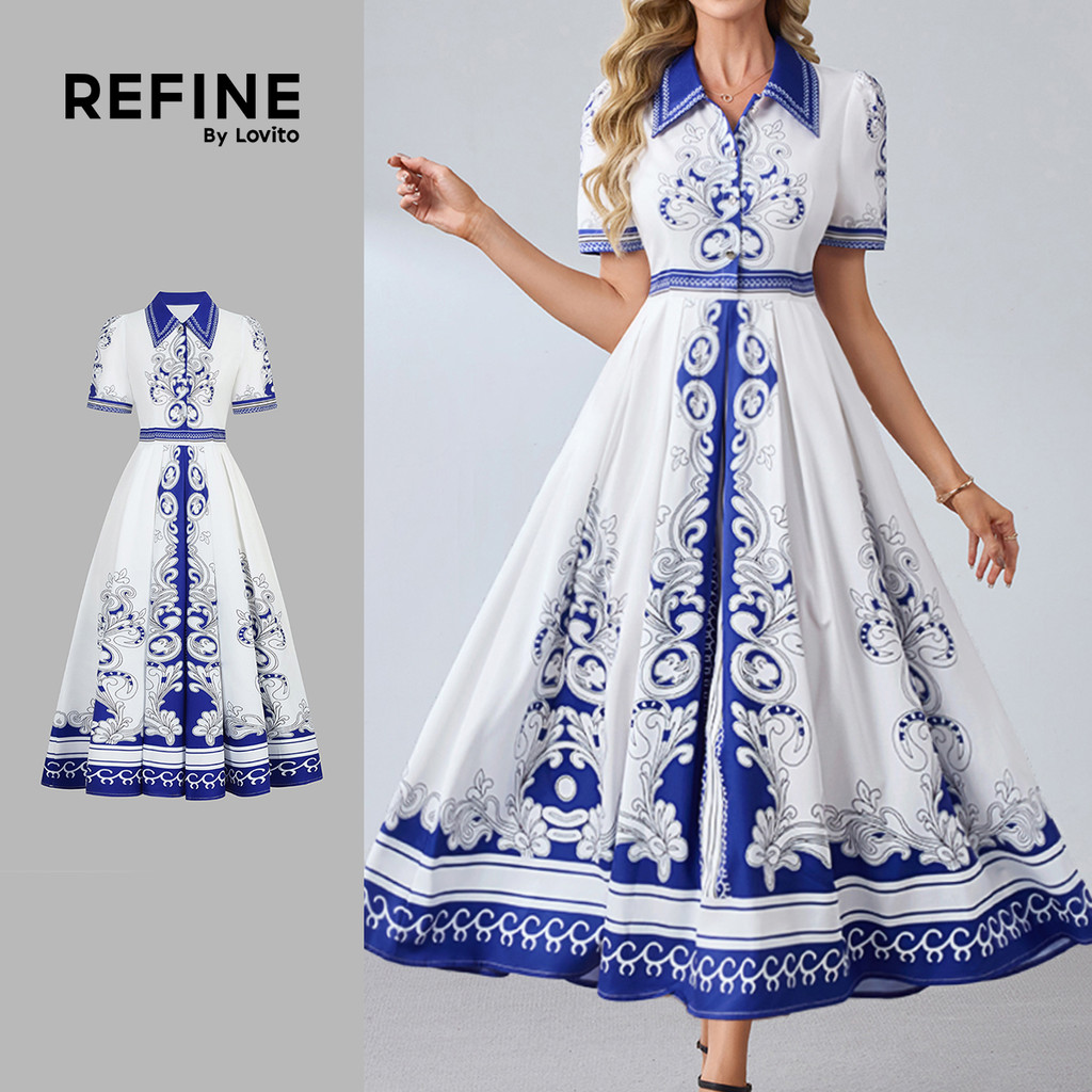 (Lovito Refine) Vestido Elegante com Botões Frontais e Costuras em Tecido Azul Primavera/verão para mulheres LR35L134