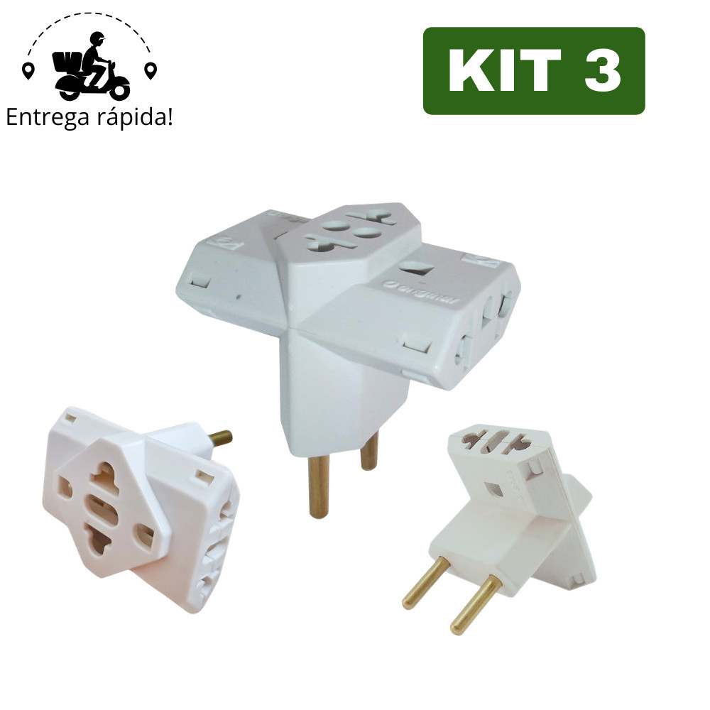 Imagem Kit 3 Adaptador de Tomada T Benjamin Universal com 3 Entradas Bivolt 10A 20A MC