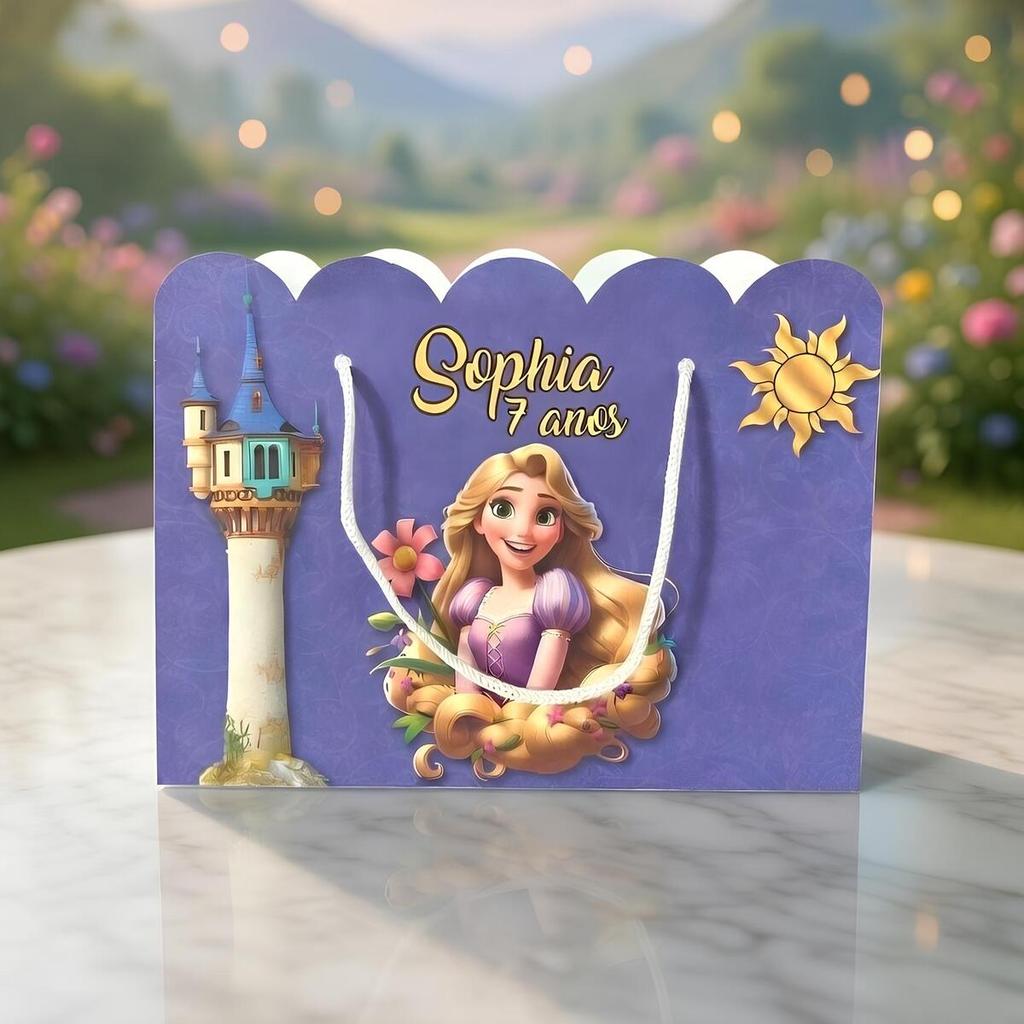 Kit Sacolinha Sacola Papelaria Personalizada Rapunzel Enrolados Sacolinha de Lembrancinha Caixinha para Festa