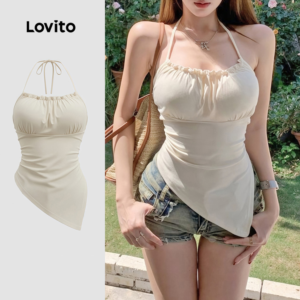 Lovito  Top Casual Assimétrica Plissada Cor Damasco para Mulheres Primavera/Verão LNE141034 em Oferta na Shopee