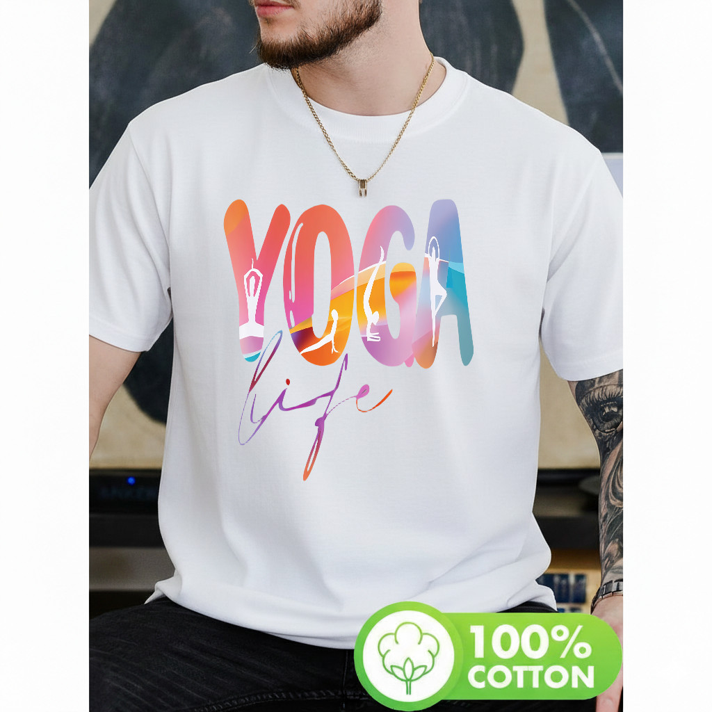 Camiseta Masculina Estampa Yoga com Silhuetas de Poses Atividade Moderna Colorida e Estilosa Academia