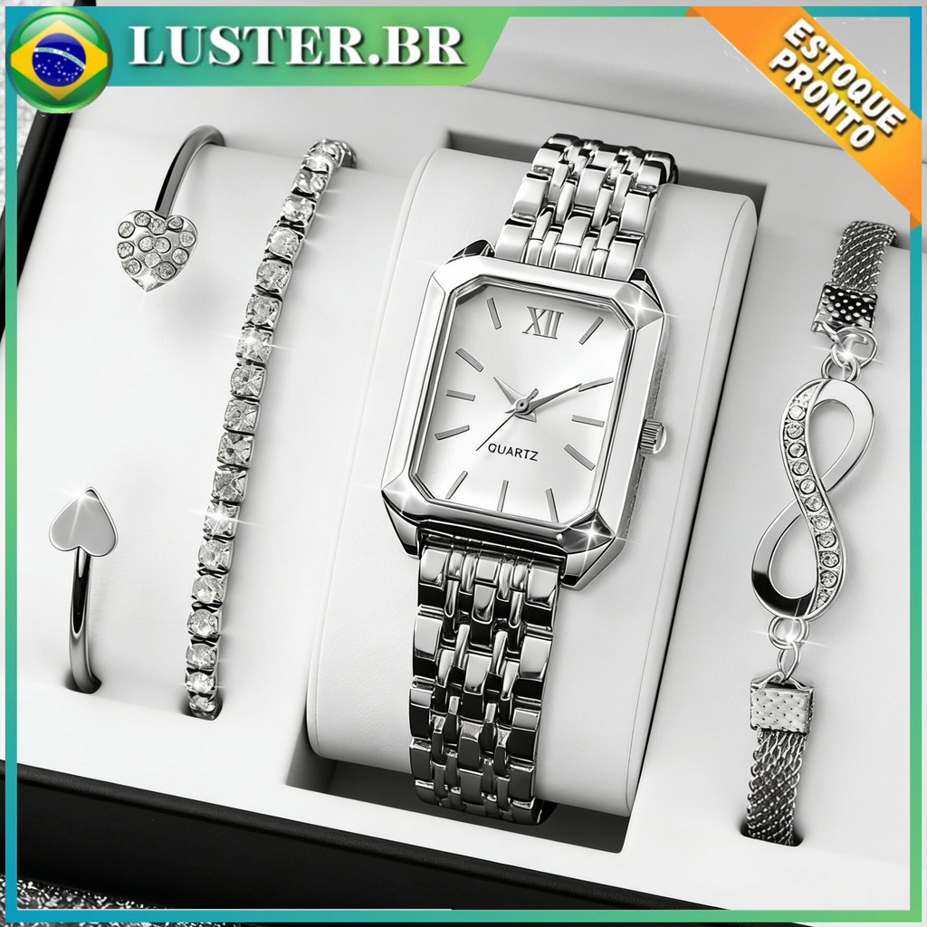 Conjunto Relógio e Pulseiras Strass Prateadas | Para Dia a Dia, Trabalho, Festa | Moda Feminina Brasil